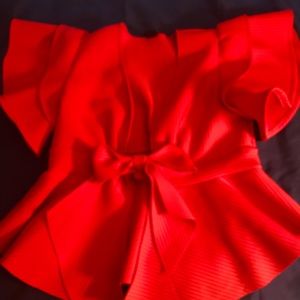 Blazer red with black pinstripes with belt.